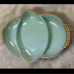 VTG 1956 FIRE KING Turquoise Blue 3 Section Oven Ware Dish 22K Gold Trim 11" EUC